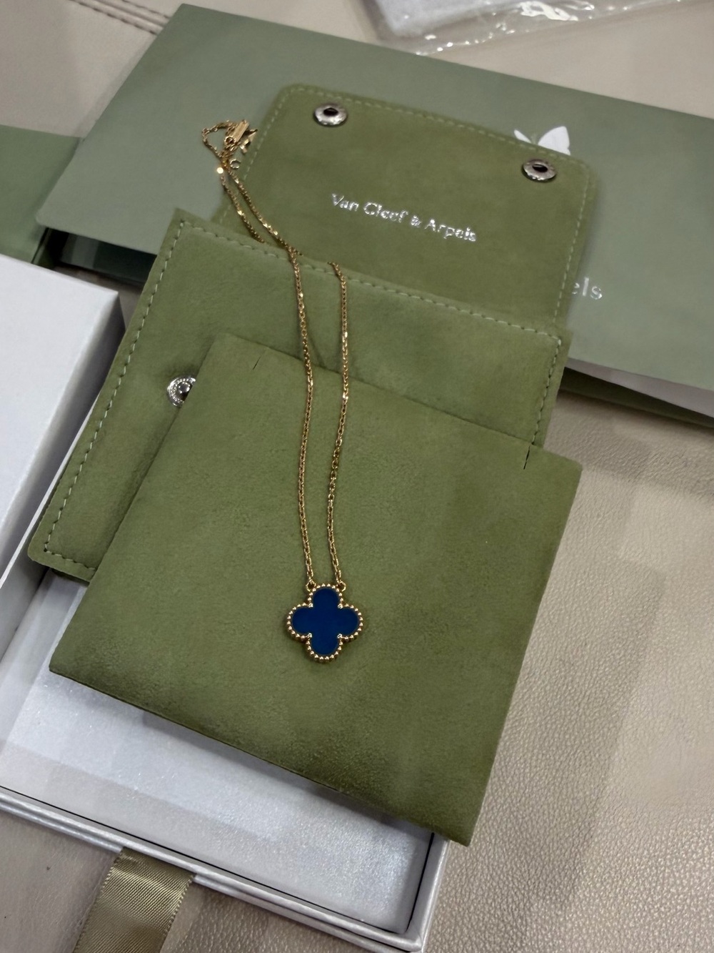 Van Cleef & Arpels Gold Alhambra Necklace with Blue Clover Pendant
